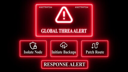 Global Threat Alert response notification on digital interface in data center server room with isolate node initiate backup patch route options. glowing neon lights cybersecurity hacking warning - Powered by Adobe