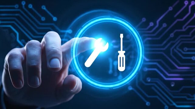 A hand touches a glowing circle with wrench and screwdriver icons, with circuit board background