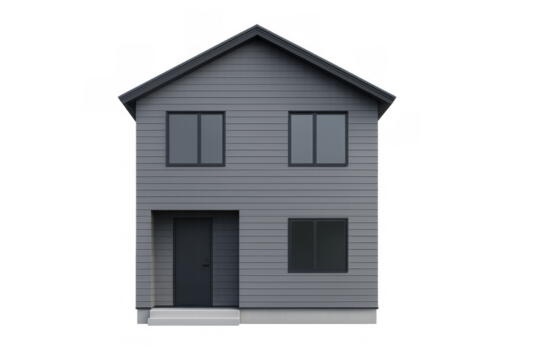 Modern gray house with dark windows and door, a residential building on a transparent background