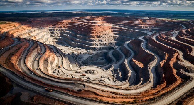 Aerial view of a large open pit mine with winding roads and terraces