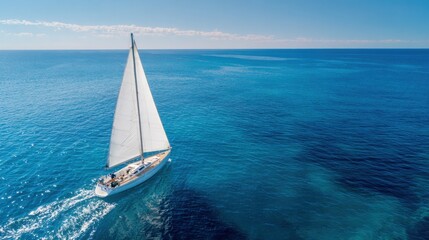 Obraz premium A beautiful sailboat glides smoothly over tranquil azure waters on a sunny day.
