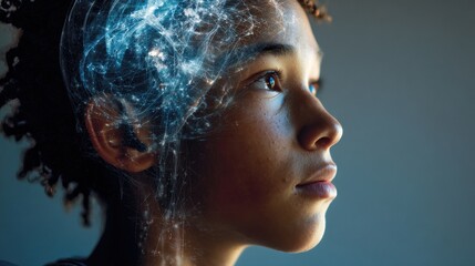 A young person gazes thoughtfully surrounded by imaginative digital elements showing creativity.