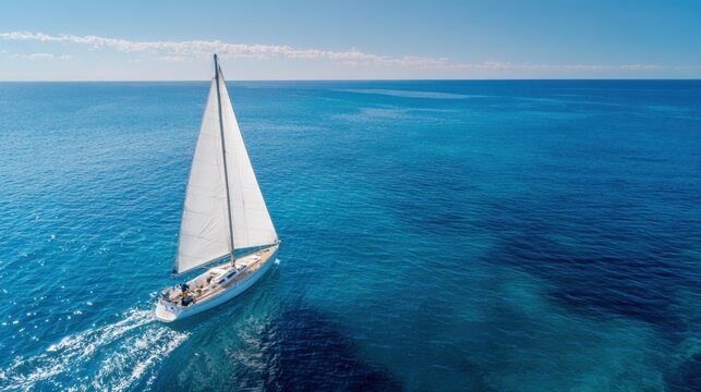 A beautiful sailboat glides smoothly over tranquil azure waters on a sunny day.