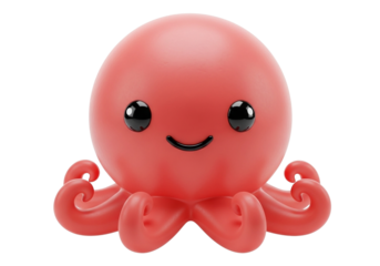 A cute, cartoonish red octopus with big eyes and a smile, isolated on transparent background