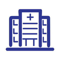 Fototapeta premium Modern hospital building with a blue cross symbol, representing healthcare and wellness.