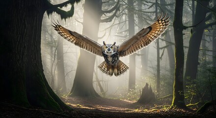 A great horned owl flying through a misty forest with trees and a dirt path in the foreground
