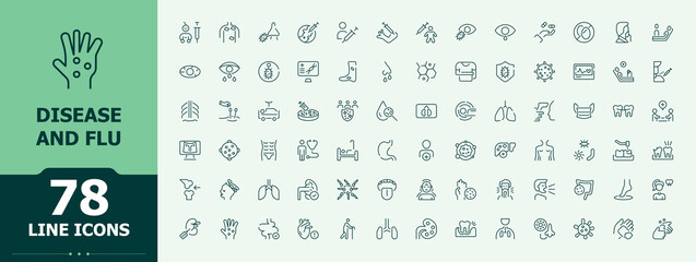 Disease line icon set. Isolated icons. Editable stroke vector art. Health linear icon collection. Contains related to flu, illness, allergy, pain, sick and more.