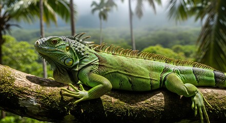 Fototapeta premium A green iguana perched on a mossy branch against a backdrop of lush tropical vegetation and palm trees