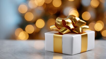 Close-up of a white gift box with a golden ribbon tied in a bow on top. the gift box is placed on a marble surface with a blurred background of bokeh lights.