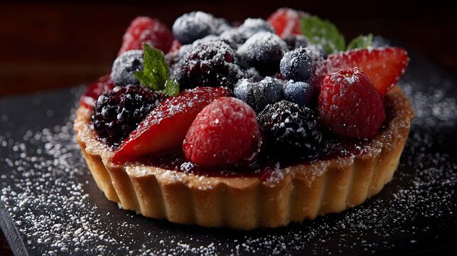 A vibrant mixed berry tart dusted with powdered sugar featuring fresh strawberries raspberries blueberries and blackberries