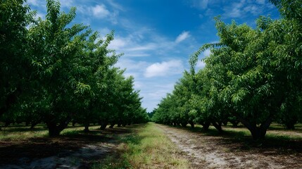 Lush green fruit trees in neat rows under a bright blue sky with scattered clouds