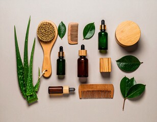 Natural Cosmetic Containers with Bamboo and Glass Elements on Pastel Background
