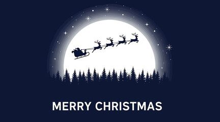 Merry christmas night scene featuring santa claus in his sleigh being pulled by reindeer across the moonlit sky above a forest, perfect for holiday cards and decorations