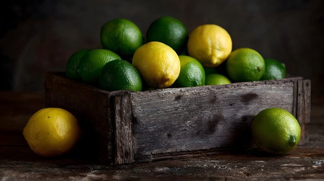 A rustic wooden crate overflows with fresh lemons and vibrant green limes set against a dark textured background