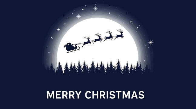 Merry christmas night scene featuring santa claus in his sleigh being pulled by reindeer across the moonlit sky above a forest, perfect for holiday cards and decorations