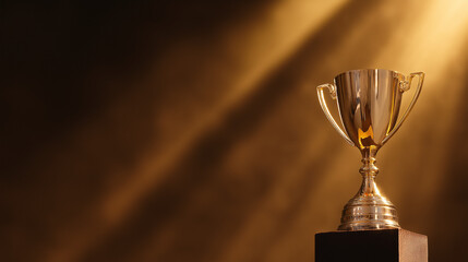 elite. A shining gold trophy on a velvet podium with dramatic spotlight. event key visuals, club posters, designed for fitness apps and gym onboarding, drives event promotion.
