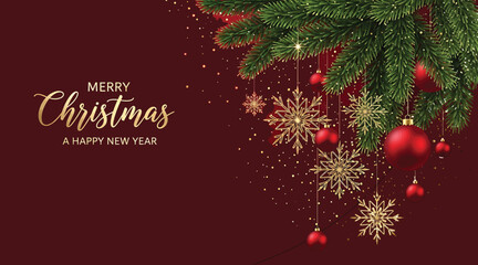 Elegant christmas background featuring a rich maroon backdrop, adorned with lush green pine branches, shimmering gold snowflakes, and vibrant red ornaments, creating a luxurious holiday atmosphere