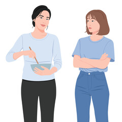 woman in casual attire mixing ingredients in a bowl and young woman with crossed arms