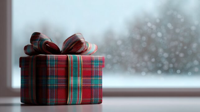 Small gift box wrapped in red and green plaid fabric with a red ribbon tied in a bow on top. the box is placed on a windowsill with a blurred background of a snowy landscape.