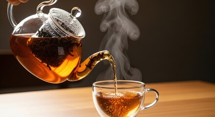 Steaming tea pouring from glass teapot into cup