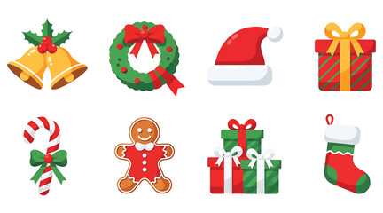 A pixel art collection of christmas icons, including bells, a wreath, santa hat, gift box, candy cane, gingerbread man, and stocking