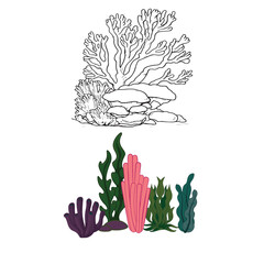 Colorful coral reef and marine life vector illustration