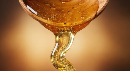 Golden liquid pouring from a tilted glass with a