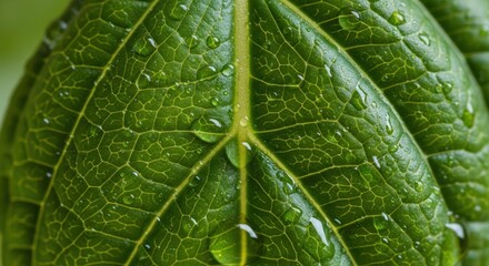 Close-up of a green leaf with water droplets on