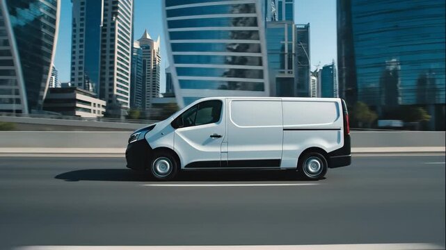 White commercial delivery van driving on a city highway. Side view tracking shot with modern skyscrapers. Logistics and transportation concept. Video with copy space for branding