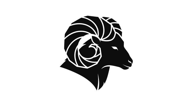 A stylized black silhouette of a ram's head with prominent, swirling horns against a white background.