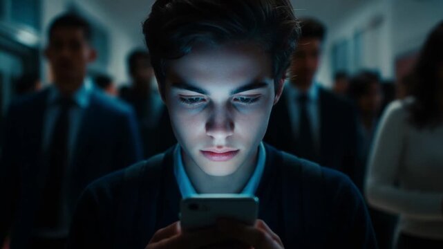 Cinematic close-up of a teenage boy using his phone in a crowded school hallway. His face is illuminated by the screen, symbolizing digital addiction and social isolation