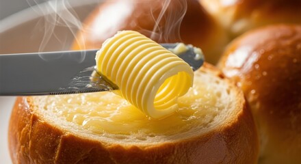 Close-up of a knife spreading butter on a toasted