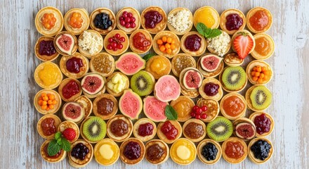 Overhead view of assorted fruit tarts on a wooden