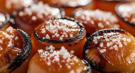 Close-up of assorted burnt edges on caramelized