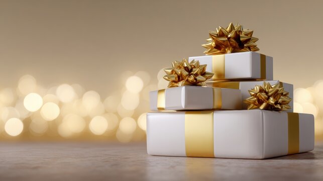 Stack of three white gift boxes with gold ribbons and bows on top. the boxes are arranged in a pyramid-like shape, with the top box slightly tilted to the side.