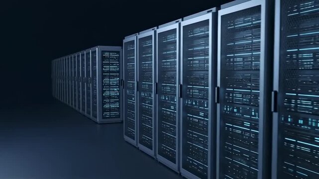 Rows of server racks in a dark data center, symbolizing modern technology and computing infrastructure. - Powered by Adobe