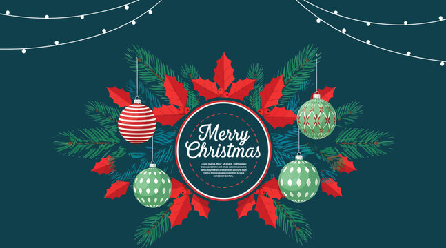 Elegant merry christmas background with a wreath of pine branches, poinsettia leaves, and hanging ornaments, creating a warm and inviting atmosphere for holiday greetings and designs