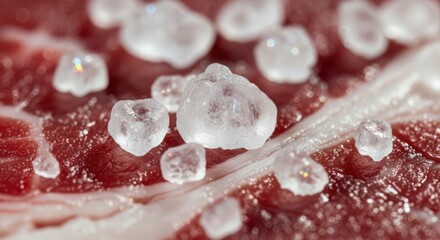 Close-up of ice crystals on raw red meat with a