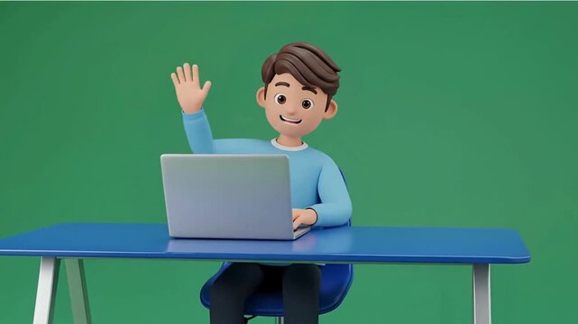 A young boy waves hello while sitting at a desk with a laptop in front of a green background 4k video