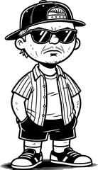 Cartoon illustration of a stern-looking man wearing a backwards baseball cap, dark sunglasses, a striped short-sleeve shirt, and shorts, with his hands in his pockets.