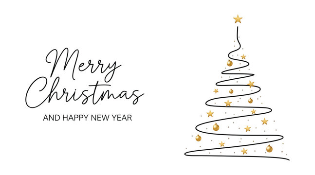 Elegant merry christmas and happy new year greeting card with abstract christmas tree made of black line, golden stars and balls