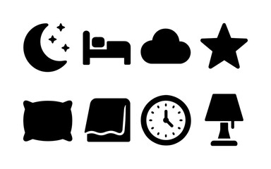 Set of black sleep and bedtime icons including moon, bed, cloud, star, pillow, blanket, alarm clock, and lamp. Flat silhouette style