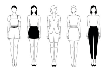 Five stylized female figures display different fashion outfits and styles.
