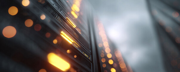 Futuristic server racks with glowing lights. Data center hardware, cloud computing. Ideal for technology, security, or innovation concepts.