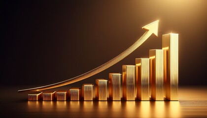 rising gold bar graph with upward arrow symbolizing financial growth and success