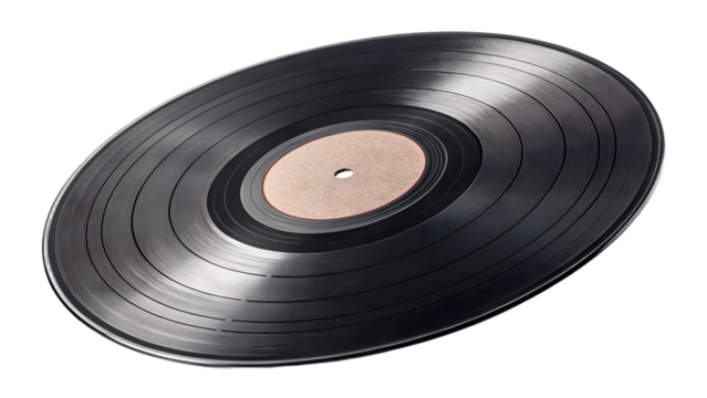 Vinyl record with visible grooves, isolated clean object render, transparent background.
