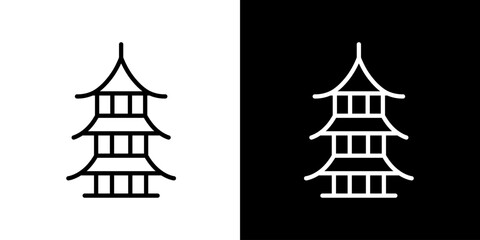 Minimalist line art icon of a classic tiered Japanese or Chinese pagoda, symbolizing ancient Asian architecture, cultural heritage, and spiritual tranquility