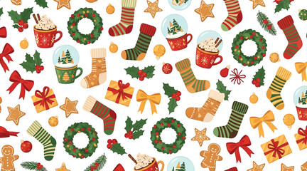 Festive christmas pattern featuring stockings, wreaths, snow globes, gingerbread men, and bows, creating a joyful and whimsical design