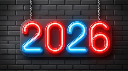 Neon sign display of 2026 in vibrant red and blue on dark background for futuristic event promotion and new year celebration design
