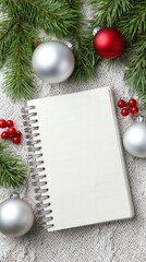 Fototapeta premium Festive christmas notebook mockup with blank page for holiday planning and design inspiration